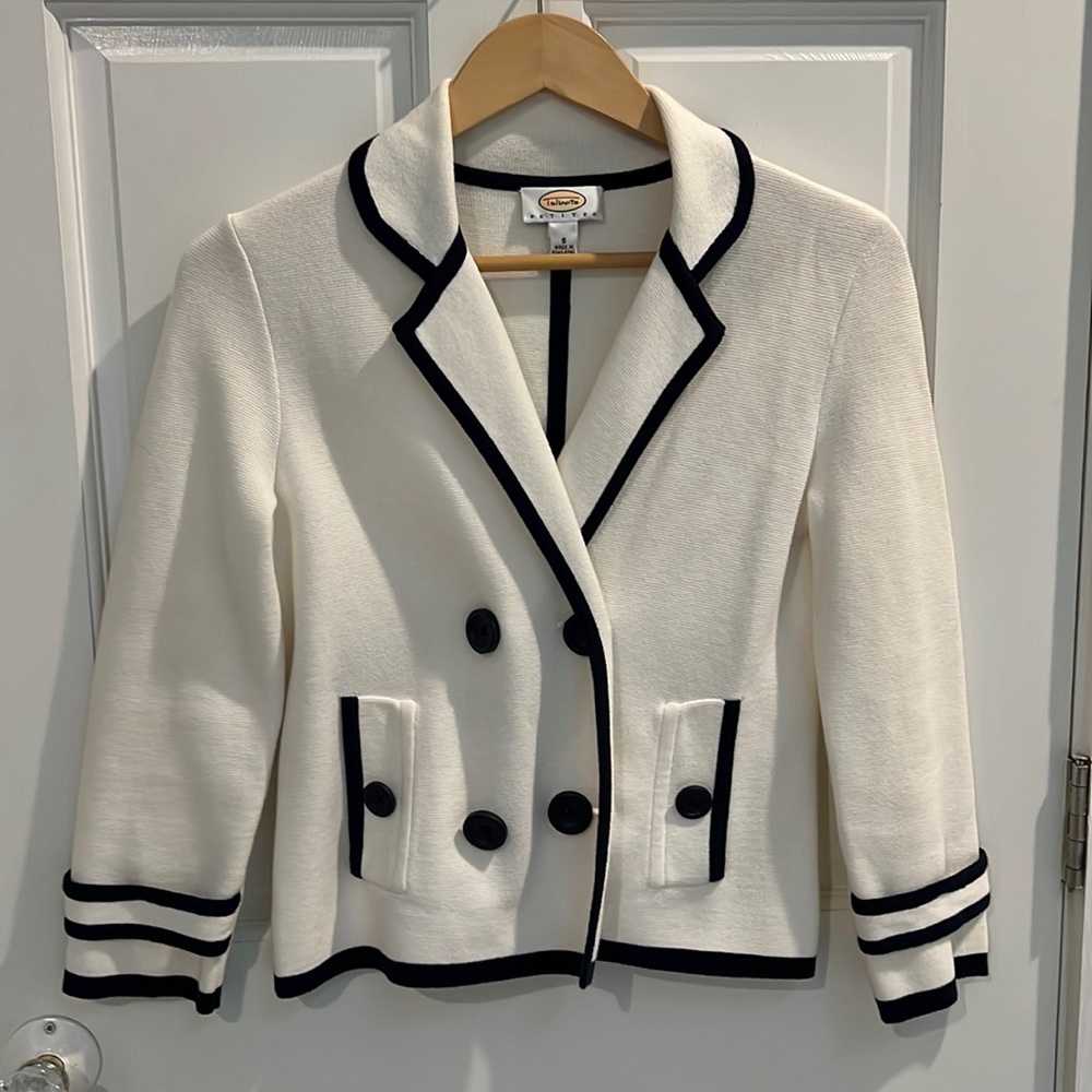 Talbots petite sweater blazer ivory navy size s small